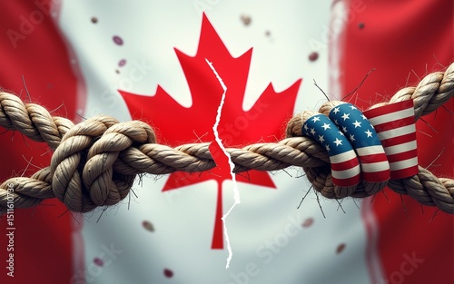 Canada US crisis concept as a Broken Rope stretched with force and stressed to a decoupling metaphor for pressure on the economic and political relationship between Ottawa and Washington.