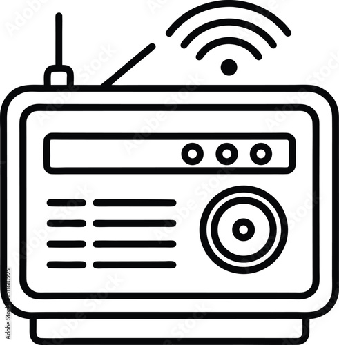 Outline icon of a radio, which represents a device used for receiving audio broadcasts via radio waves, vector line art