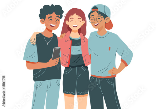Three cheerful teenagers walking arm in arm – Minimalist full-body vector illustration featuring two girls and one boy in relaxed, casual outfits, symbolizing friendship, youth, connection, and unity