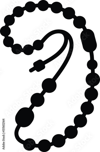 A simple black and white illustration of a beaded rosary with a loop and pendant design element silhouette