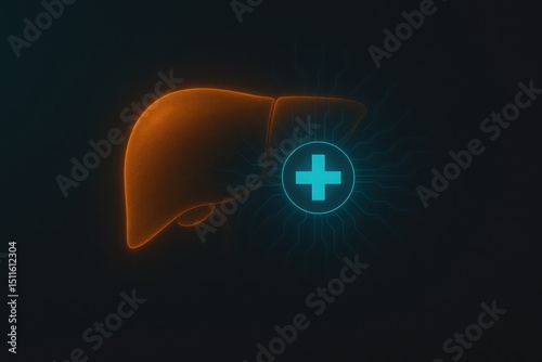 3D liver with medical cross and circuit lines symbolizing AI diagnostics digital hepatology and advanced liver health monitoring