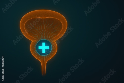 3D prostate with medical cross and digital nerve lines used in AI diagnostics smart urology and male health technology