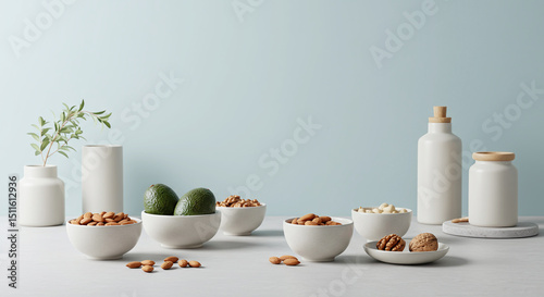 White ceramic bowls with almonds, walnuts, cashews, and avocados arranged on light surface with minimalistic white vases and bottles, creating calm and natural atmosphere