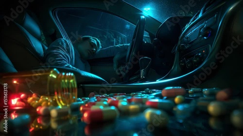Overdose in Car: An unsettling image depicting a person slumped inside a vehicle, surrounded by an array of scattered medication, a somber reflection of addiction.