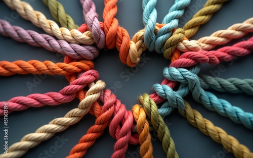 Strength In Connection and Unity of love partnership as diverse ropes shaped as a heart in a group of different intertwined strings connected together shaped as a support symbol of belonging inclusivi