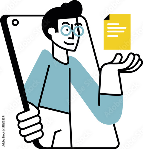 Man holding document on phone screen online communication technology illustration vector design cartoon vector art illustration