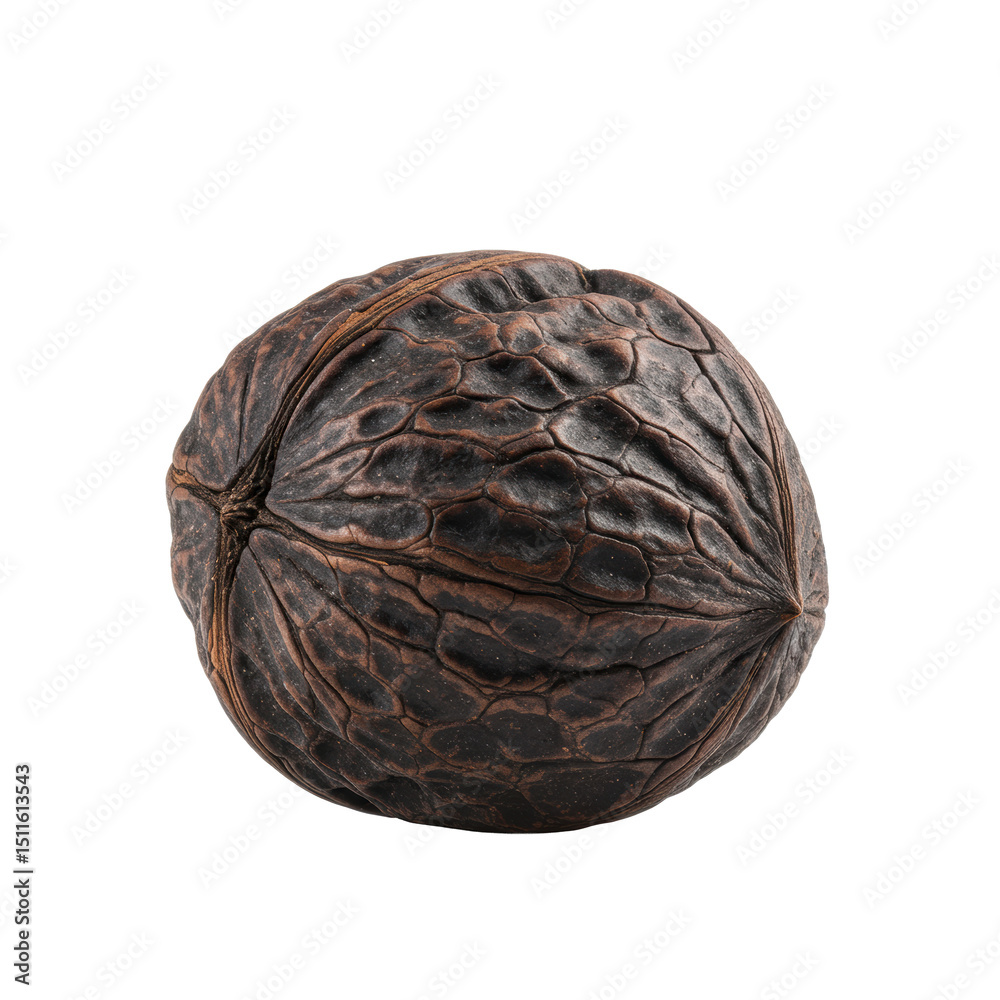Fototapeta premium Ultra realistic UHD photo of a black walnut in shell from a 3/4 view, with clear contours and lifelike accuracy on a transparent background, standalone full object, no shadows. Healthy food