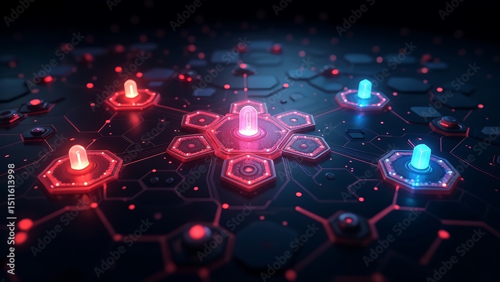 Obraz premium A futuristic AI-powered cybersecurity firewall with hexagonal energy shields, glowing red and blue protective barriers, floating threat detection alerts, cyberpunk command center backdrop