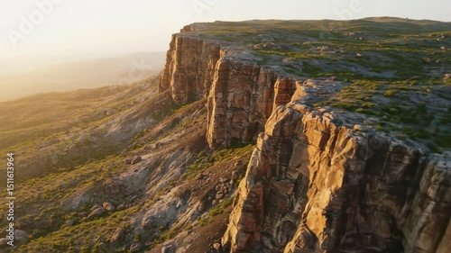 Vast rocky cliff with golden hues, dramatic landscape showcasing rugged terrain and serene atmosphere, ideal for travel themes.