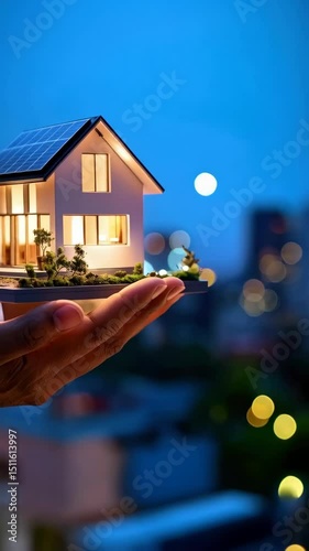 Miniature modern house with solar panels held in hand, lit interior, clean energy concept, nighttime bokeh background, future home