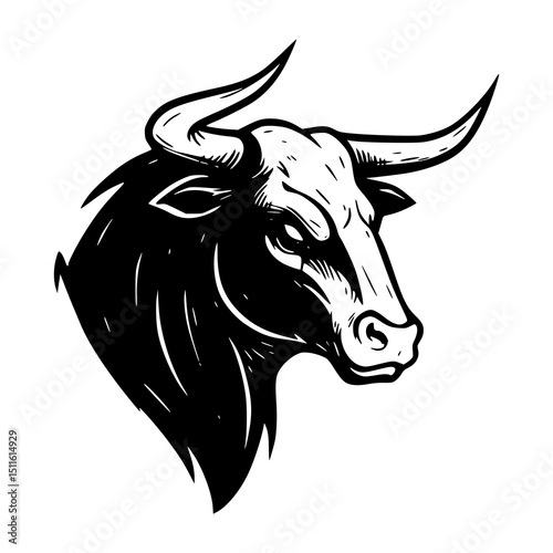 Bull Head Illustration. Silhouette. Black and white.