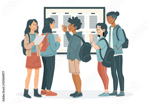 Groupe de lycéens consultant ensemble les résultats de leur examen – Illustration vectorielle moderne représentant des adolescents en tenue décontractée, partageant un moment d’émotion