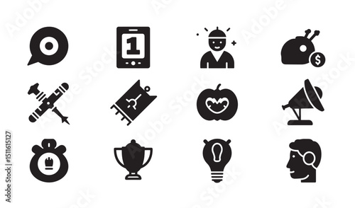 Vector icon set of various symbols depicting concepts with black silhouette design
