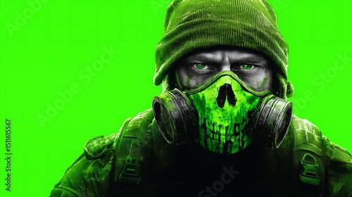 Soldier in green gas mask, Toxic warfare concept art, Futuristic combat illustration for gaming or dystopia themes photo