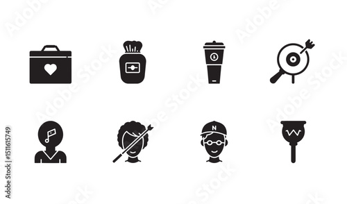 Vector illustration of various silhouette icons representing everyday objects and professions
