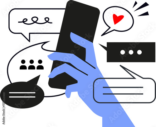 Illustration of hand holding phone mobile device with message notifications and heart like symbol icon vector art illustration