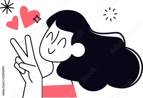 Woman peace sign hearts love cartoon illustration happy girl black hair vector graphic design art vector art illustration