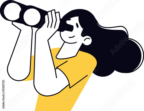 Illustration woman binoculars looking searching discovery exploration vision future foresight strategy vector art illustration
