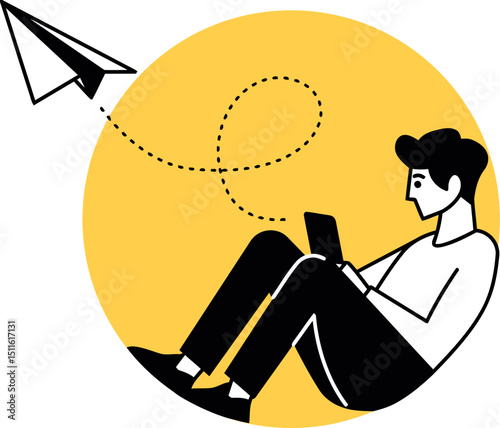 Man using tablet sending paper airplane communication illustration technology message vector art vector art illustration