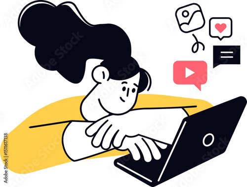 Illustration of woman using laptop for social media marketing and online video content creation and engagement vector art illustration
