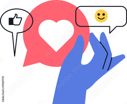 Hand holding love heart like social media feedback message communication network engagement sharing comment vector art illustration