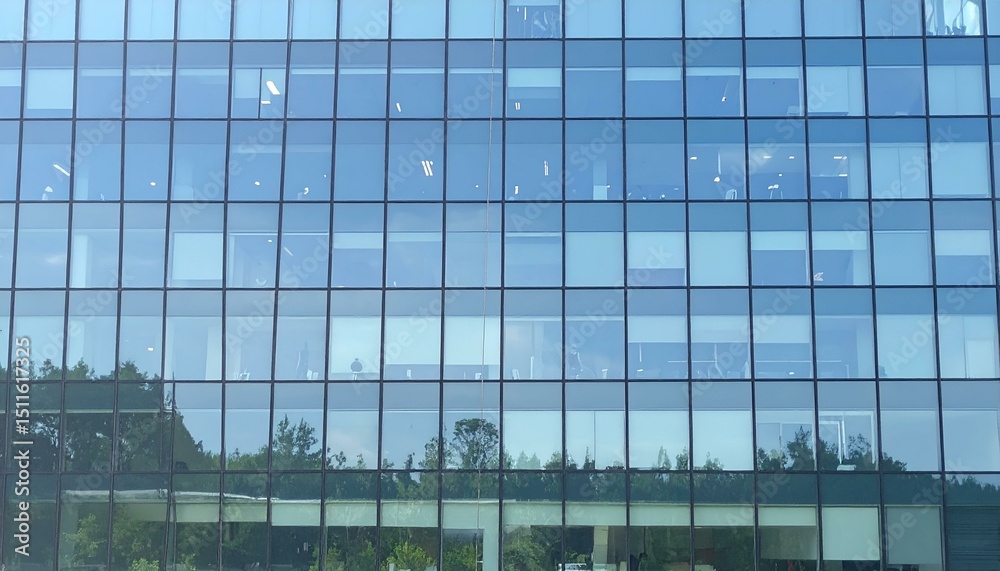 Fototapeta premium Modern glass office building exterior reflecting trees. Ideal for corporate, architectural, and real estate projects.