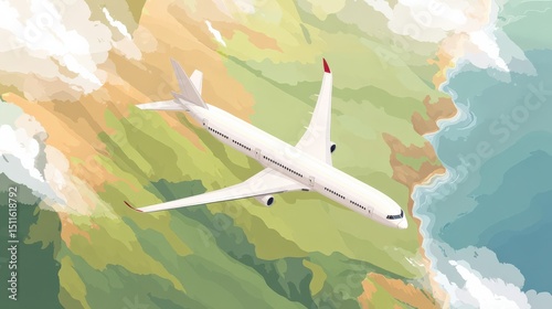 Airplane Flying Over Beautiful Landscape with Clouds and Ocean
