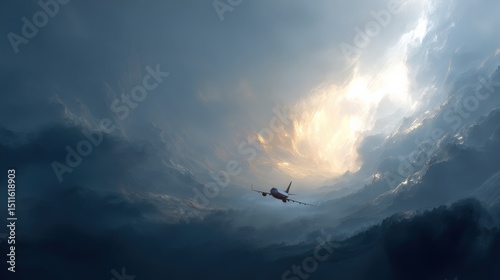 Airplane Flying Through Dramatic Cloudy Sky at Sunset