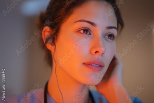 Nurse monitoring patient vitals with a voice-activated smart assistant in a high-tech healthcare room, documenting modern nursing support and AI integration under warm ambient lighting photo