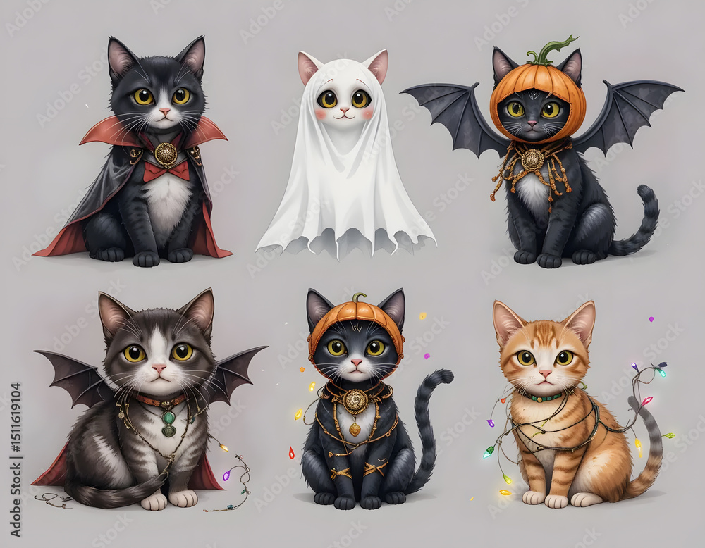 Obraz premium Whimsical Cats Dressed in Halloween Costumes Posing Against a Neutral Background