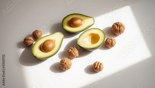 Fresh avocado halves with seed and whole walnuts arranged on white surface with natural sunlight casting soft shadows, creating warm and healthy food scene