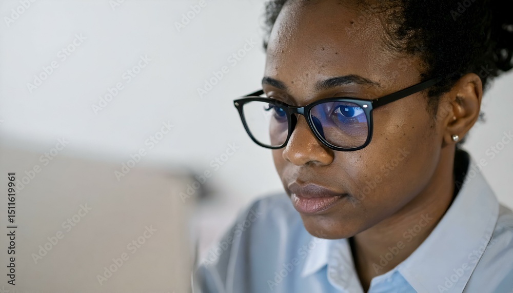 Focused young woman wearing glasses, thoughtfully looking at a computer screen. Close-up portrait. Focused young woman wearing glasses, thoughtfully looking at a computer screen. Close-up portrait.