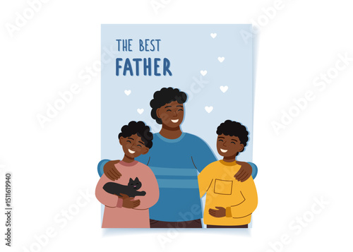Fathers day concept poster. Greeting card with father and two sons. Concept of family, holiday celebration. Vector hand drawn background.