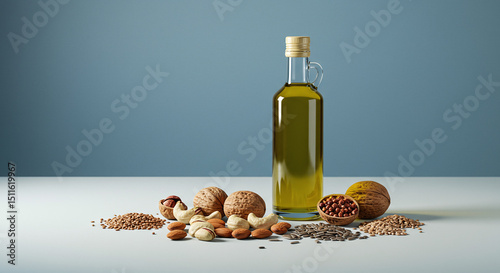Bottle of oil with various nuts and seeds on white surface and blue background, showcasing healthy natural ingredients for cooking or nutrition