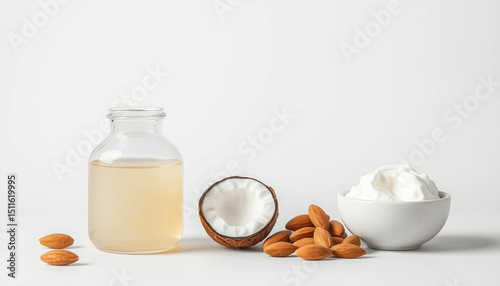 Almond milk in glass jar, coconut half, almond nuts, and creamy yogurt in white bowl on white background, fresh natural dairy alternative with smooth texture and healthy ingredients
