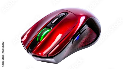 Red glowing computer mouse, peripheral equipment, device, cut out transparent photo