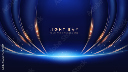 Elegant abstract blue background with golden light rays and glowing particles. Luxury modern concept.