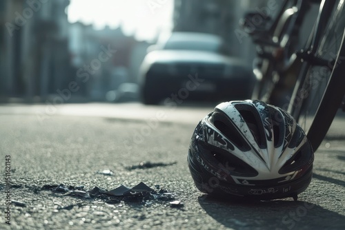 Bicycle Accident. Fallen Helmet and Bike on Asphalt after Car Collision in Urban Street
