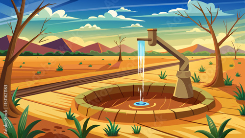 Water trickling from an irrigation well onto dry soil in a rural agricultural field, representing drought and water scarcity