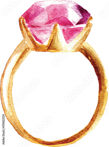 Golden engagement ruby ring Watercolor Ring with pink gem stone Isolated on white background Jewelry illustration vector
