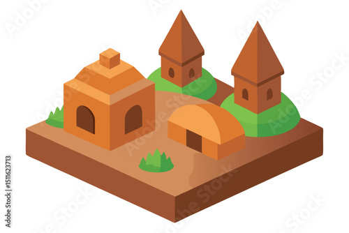 Miniature clay village scenes displayed on artistic tile base vector art illustration