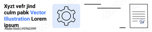 Gear icon near placeholder text and document with signature in minimal design. Ideal for automation, productivity, workflow, business, technology, agreement, digital tools, simple landing page