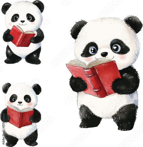 set of Cute Panda Reading a Book Watercolor  vector illustration