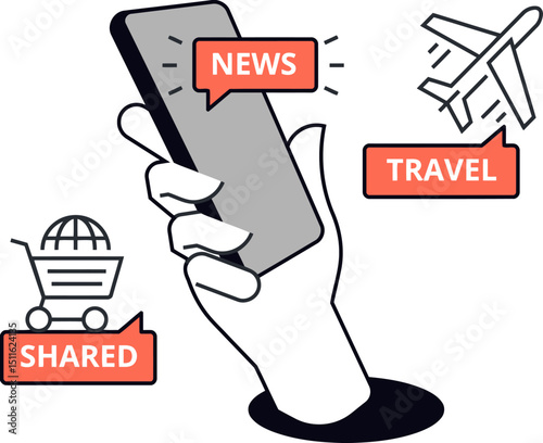 Mobile news travel shared online information digital media content hand holding device sharing platform vector art illustration