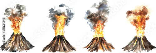 Volcano Eruption Watercolor  - Isolated on White vector illustration