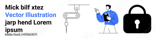 Engineer assessing robotic machinery with lock symbol highlighting data security. Ideal for automation, technology, cybersecurity, industrial processes, innovation, professional analysis, simple