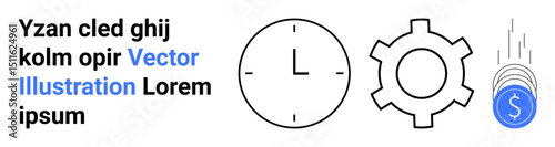 Clock, gear, and falling coins representing time management, productivity, and financial growth. Ideal for workflow, efficiency, business, finance innovation team planning simple landing page