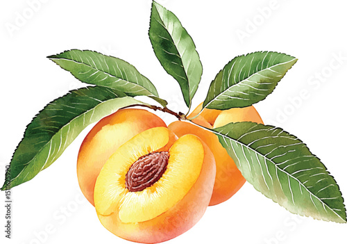 Realistic botanical watercolor illustration vector apricot fruit leaves composition