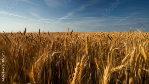 Golden wheat field under a clear blue sky, ripe crops swaying gently in the breeze, ideal for agricultural themes.