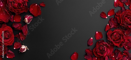 Romantic dark backdrop with elegant red roses and petals.